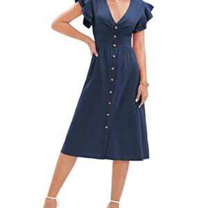 LAOCERENCE Womens Tea Party Elegant Midi Dress Ruffle Sleeves V Neck Slim Fit Tie Waist A line Dresses Summer Vocation Navy