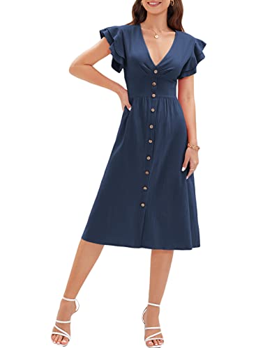 LAOCERENCE Womens Tea Party Elegant Midi Dress Ruffle Sleeves V Neck Slim Fit Tie Waist A line Dresses Summer Vocation Navy