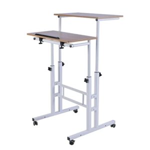 aiz mobile computer desk with rolling wheels for home office workstation, portable laptop tall table for standing or sitting, adults or children,oak