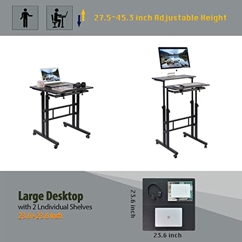 AIZ Adjustable Desk with Rolling Wheels, Portable Laptop Table for Standing or Sitting, Home Office Computer Workstation for Adults or Children,Black