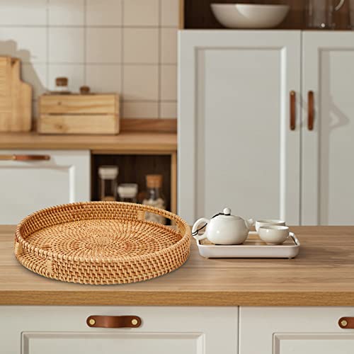 Whalehub Rattan Round Serving Tray with Handles, Hand Woven Basket, Home Decor Organizer Tray for Breakfast, Tea, Snack, Fruit, Coffee Storage (Large)