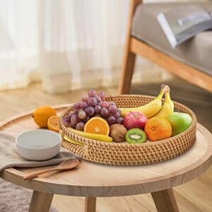 Whalehub Rattan Round Serving Tray with Handles, Hand Woven Basket, Home Decor Organizer Tray for Breakfast, Tea, Snack, Fruit, Coffee Storage (Large)