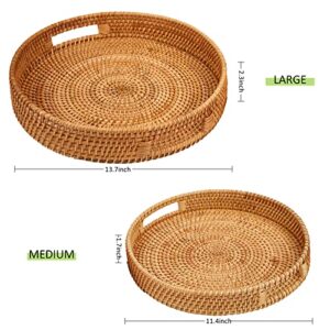 Whalehub Rattan Round Serving Tray with Handles, Hand Woven Basket, Home Decor Organizer Tray for Breakfast, Tea, Snack, Fruit, Coffee Storage (Large)