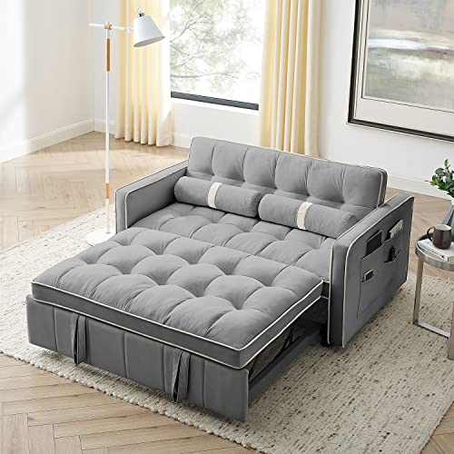 3 in 1 Sleeper Sofa Couch Bed, Small Tufted Velvet Convertible Loveseat Futon Sofa w/Pullout Bed, Adjustable Backrest, Cylinder Pillows, Multi-Pockets for Living Room Apartment, Grey, 55.5"