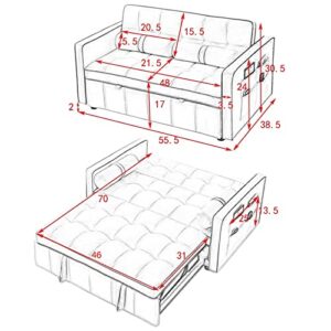 3 in 1 Sleeper Sofa Couch Bed, Small Tufted Velvet Convertible Loveseat Futon Sofa w/Pullout Bed, Adjustable Backrest, Cylinder Pillows, Multi-Pockets for Living Room Apartment, Grey, 55.5"