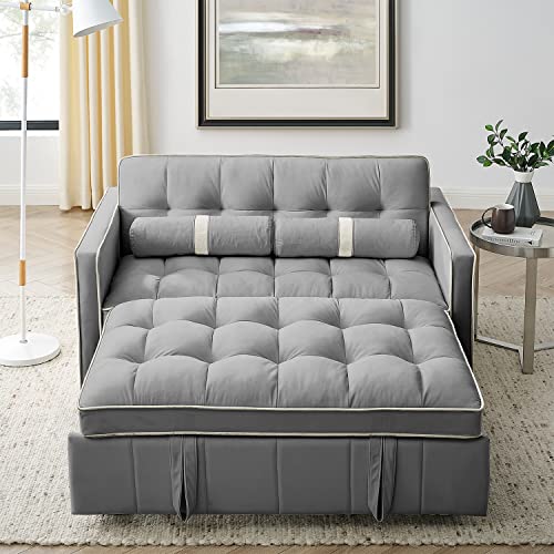 3 in 1 Sleeper Sofa Couch Bed, Small Tufted Velvet Convertible Loveseat Futon Sofa w/Pullout Bed, Adjustable Backrest, Cylinder Pillows, Multi-Pockets for Living Room Apartment, Grey, 55.5"