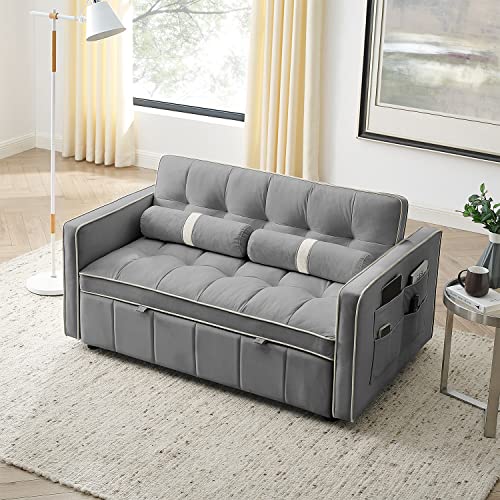 3 in 1 Sleeper Sofa Couch Bed, Small Tufted Velvet Convertible Loveseat Futon Sofa w/Pullout Bed, Adjustable Backrest, Cylinder Pillows, Multi-Pockets for Living Room Apartment, Grey, 55.5"