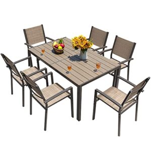 homall 7 pieces patio dining set outdoor furniture with 6 stackable textilene chairs and large table for yard, garden, porch and poolside (beige)