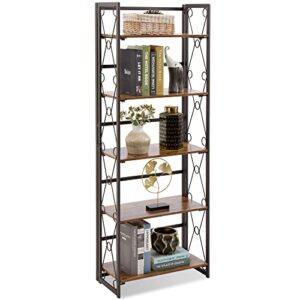 vecelo 5 tier folding bookshelf, 2-step assembly foldable bookcase, collapsible book shelves with metal lace x frame and anti-toppling design,antique brown,1 set