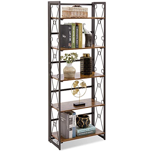 VECELO 5 Tier Folding Bookshelf, 2-Step Assembly Foldable Bookcase, Collapsible Book Shelves with Metal Lace X Frame and Anti-Toppling Design,Antique Brown,1 Set