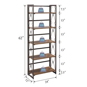 VECELO 5 Tier Folding Bookshelf, 2-Step Assembly Foldable Bookcase, Collapsible Book Shelves with Metal Lace X Frame and Anti-Toppling Design,Antique Brown,1 Set