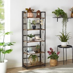 VECELO 5 Tier Folding Bookshelf, 2-Step Assembly Foldable Bookcase, Collapsible Book Shelves with Metal Lace X Frame and Anti-Toppling Design,Antique Brown,1 Set