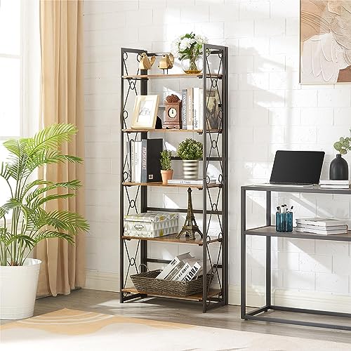 VECELO 5 Tier Folding Bookshelf, 2-Step Assembly Foldable Bookcase, Collapsible Book Shelves with Metal Lace X Frame and Anti-Toppling Design,Antique Brown,1 Set