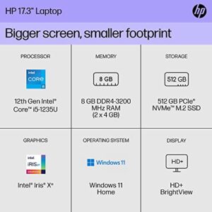 HP 17 inch Laptop, HD+ Display, 12th Generation Intel Core i5-1235U, 8 GB RAM, 512 GB SSD, Intel Iris Xe Graphics, Windows 11 Home, 17-cn2099nr (2023)