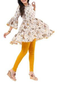 ishdeena indian anarkali kurtis for women - kurta, boho, tunic tops - frock and peplum style rayon printed m to plus size (cream - b23id5/medium)