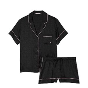 Victoria's Secret Silky Satin Two Piece Short Pajama Set, Satin Fabric, Unlined, Women's Pajamas, Black (XL)