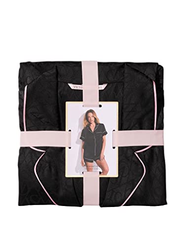 Victoria's Secret Silky Satin Two Piece Short Pajama Set, Satin Fabric, Unlined, Women's Pajamas, Black (XL)