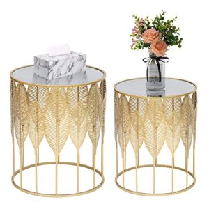 adeco set of 2 side, decorative round metal accent end nightstands, coffee plant stand for living room bedroom nesting tables, gold leaf