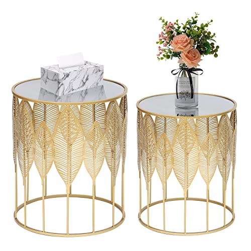 Adeco Set of 2 Side, Decorative Round Metal Accent End Nightstands, Coffee Plant Stand for Living Room Bedroom Nesting Tables, Gold Leaf