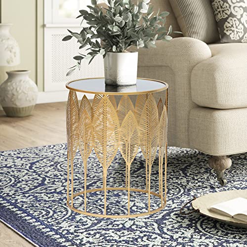 Adeco Set of 2 Side, Decorative Round Metal Accent End Nightstands, Coffee Plant Stand for Living Room Bedroom Nesting Tables, Gold Leaf