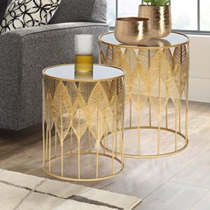 Adeco Set of 2 Side, Decorative Round Metal Accent End Nightstands, Coffee Plant Stand for Living Room Bedroom Nesting Tables, Gold Leaf