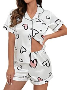 gorglitter women's silk satin pajamas set heart print loungewear button down pj shorts sets white medium