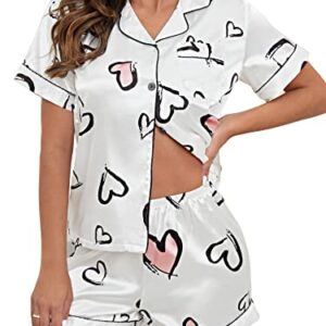 GORGLITTER Women's Silk Satin Pajamas Set Heart Print Loungewear Button Down Pj Shorts Sets White Medium