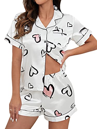 GORGLITTER Women's Silk Satin Pajamas Set Heart Print Loungewear Button Down Pj Shorts Sets White Medium