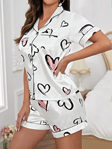 GORGLITTER Women's Silk Satin Pajamas Set Heart Print Loungewear Button Down Pj Shorts Sets White Medium