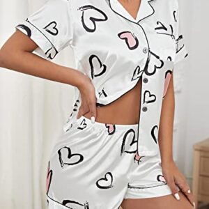 GORGLITTER Women's Silk Satin Pajamas Set Heart Print Loungewear Button Down Pj Shorts Sets White Medium