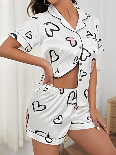 GORGLITTER Women's Silk Satin Pajamas Set Heart Print Loungewear Button Down Pj Shorts Sets White Medium