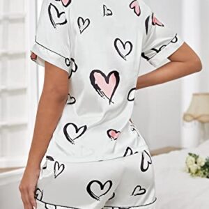 GORGLITTER Women's Silk Satin Pajamas Set Heart Print Loungewear Button Down Pj Shorts Sets White Medium