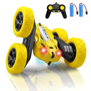 btec remote control car for kids, rc stunt cars with double sided 360° rotating drift rc car for boys 4-6 6-8 8-12 (yellow)