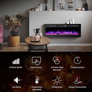 50 inch Electric Fireplace Wall Mounted, Led Fireplace, Wall Fireplace Electric with Remote Control, Electric Fireplace Inserts, Adjustable Flame Colors and Speed