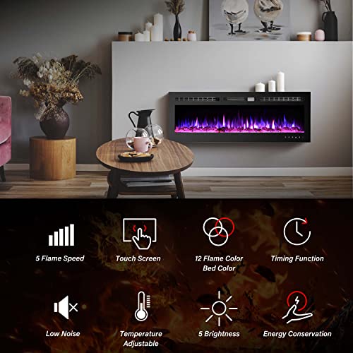 50 inch Electric Fireplace Wall Mounted, Led Fireplace, Wall Fireplace Electric with Remote Control, Electric Fireplace Inserts, Adjustable Flame Colors and Speed