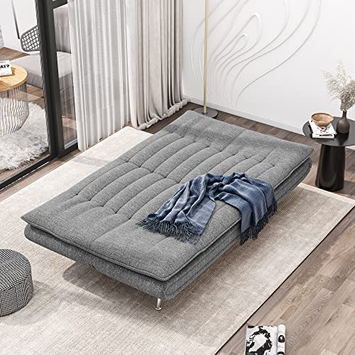 Modern Convertible Futon Sofa Bed, Folding Couch Bed with Metal Legs and Cotton Linen Fabric for Studio Apartment Office, Gray