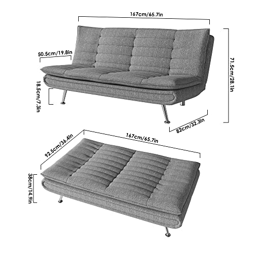 Modern Convertible Futon Sofa Bed, Folding Couch Bed with Metal Legs and Cotton Linen Fabric for Studio Apartment Office, Gray