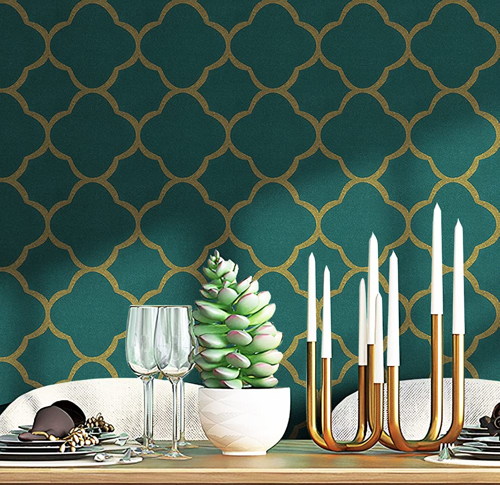 Peel and Stick Wallpaper Gold and Green Contact Paper Wall Paper Dark Green Wallpaper Trellis Contact Paper for Walls Cabinets Self Adhesive Removable Wallpaper for Walls Vinyl Rolls 118"x17.7"