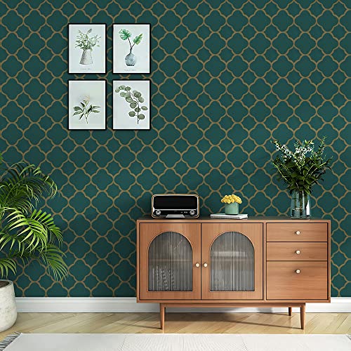 Peel and Stick Wallpaper Gold and Green Contact Paper Wall Paper Dark Green Wallpaper Trellis Contact Paper for Walls Cabinets Self Adhesive Removable Wallpaper for Walls Vinyl Rolls 118"x17.7"