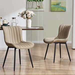 YOUNUOKE Dining Chairs Set of 2 Upholstered Mid Century Modern Lounge Chair Armless Faux Leather Makeup Chairs with Padded Backs Metal Legs Adjustable Feet for Kitchen Living Room Bedroom Khaki