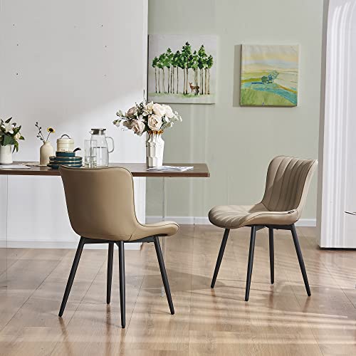 YOUNUOKE Dining Chairs Set of 2 Upholstered Mid Century Modern Lounge Chair Armless Faux Leather Makeup Chairs with Padded Backs Metal Legs Adjustable Feet for Kitchen Living Room Bedroom Khaki