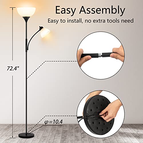 Floor Lamp, Dimmable Standing lamp, 3 Levels Dimmable Brightness, Included 9W and 5W LED Bulbs, Industrial Floor Lamp for Living Room, Bedroom, Office, Reading