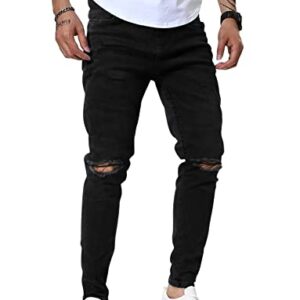 Woenzaia Black Ripped Skinny Jeans for Men Stretch Slim Fit Distressed Denim Jeans Tapered Jean Pants