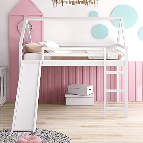 Merax Wooden Montessori Low Loft Bed with Slide Stairs, Full Guardrail House Loft Bunk Bed for Kids Boys,Girls, No Box Spring Need Full White