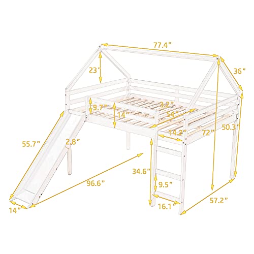 Merax Wooden Montessori Low Loft Bed with Slide Stairs, Full Guardrail House Loft Bunk Bed for Kids Boys,Girls, No Box Spring Need Full White