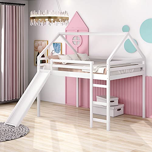 Merax Wooden Montessori Low Loft Bed with Slide Stairs, Full Guardrail House Loft Bunk Bed for Kids Boys,Girls, No Box Spring Need Full White