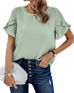 prettygarden women's shirts summer casual crewneck lace crochet short sleeve blouses cute floral print loose tunic tops(solid light green,large)