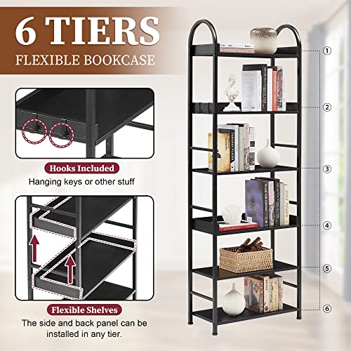 Bookcase,6-Tier Modern Bookcase, Industrial Look Shelves Unit with Metal Steel and MDF Boards Frame for Living Room Bedroom Home Office,70.8 Inch Tall (Black #1)