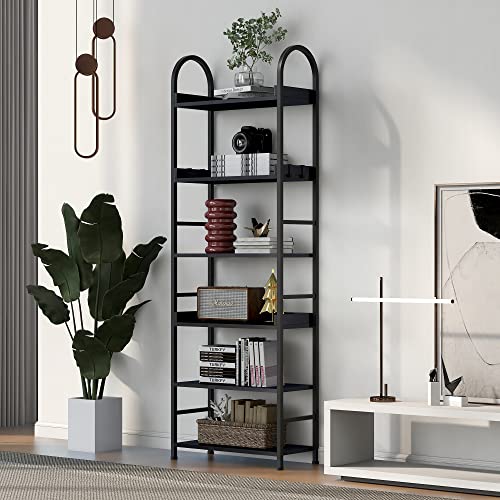 Bookcase,6-Tier Modern Bookcase, Industrial Look Shelves Unit with Metal Steel and MDF Boards Frame for Living Room Bedroom Home Office,70.8 Inch Tall (Black #1)