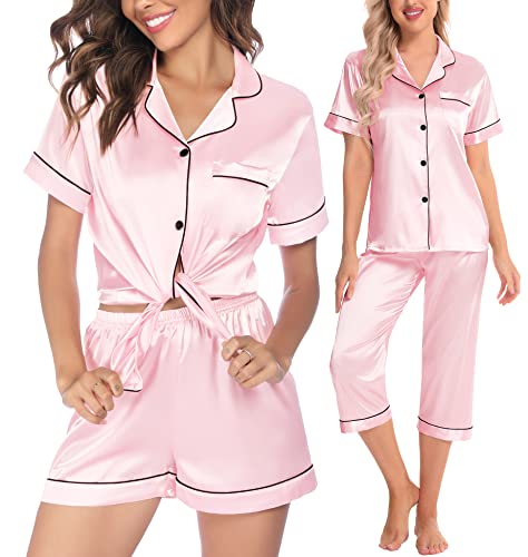 SWOMOG Womens 3 Piece Silk Satin Pajamas Short Sleeve Pjs Sets Shorts and Capri Bottom Pajama Pants Loose Outfit Sleepwear Pink